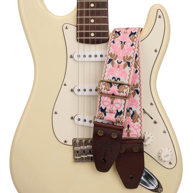 AMUMU SPH-PGB-TGBN 2" Pink Spades Heart Guitar Strap ā Retro Embroidery, Soft Cotton Comfort, Durable Leather Ends, Antique Bronze Metal Buckles, and Pick Pocket